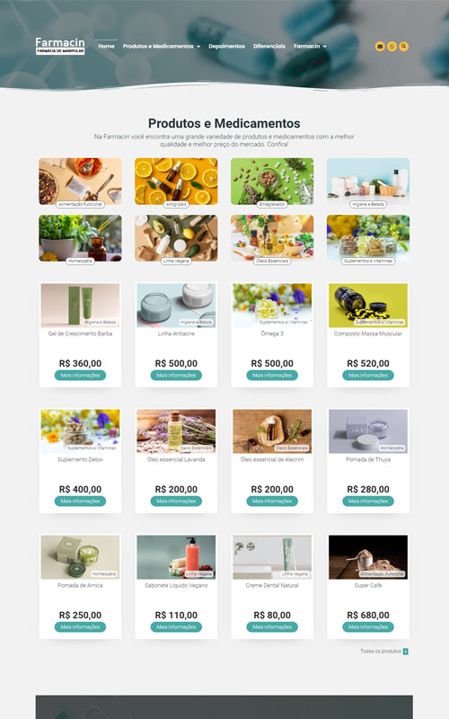Modelo de Site com Catálogo para farmácias de manipulação e drogarias